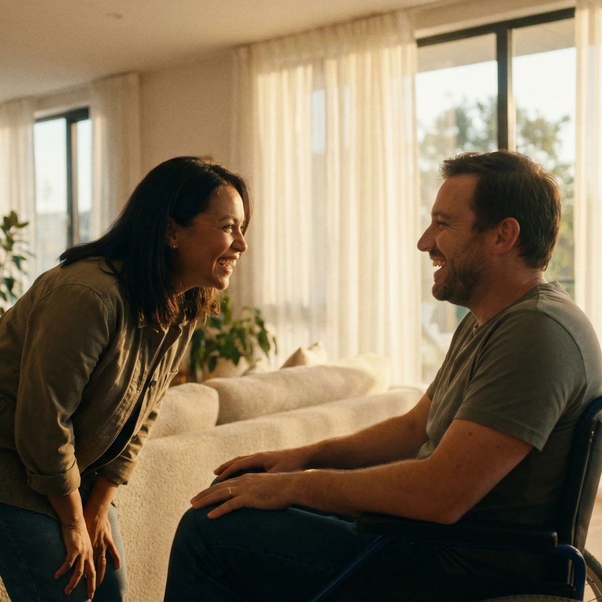 Support worker and participant smiling together